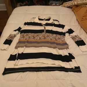 Free People Oversized - one size Striped Long Sleeve Polo Top, b/w and floral